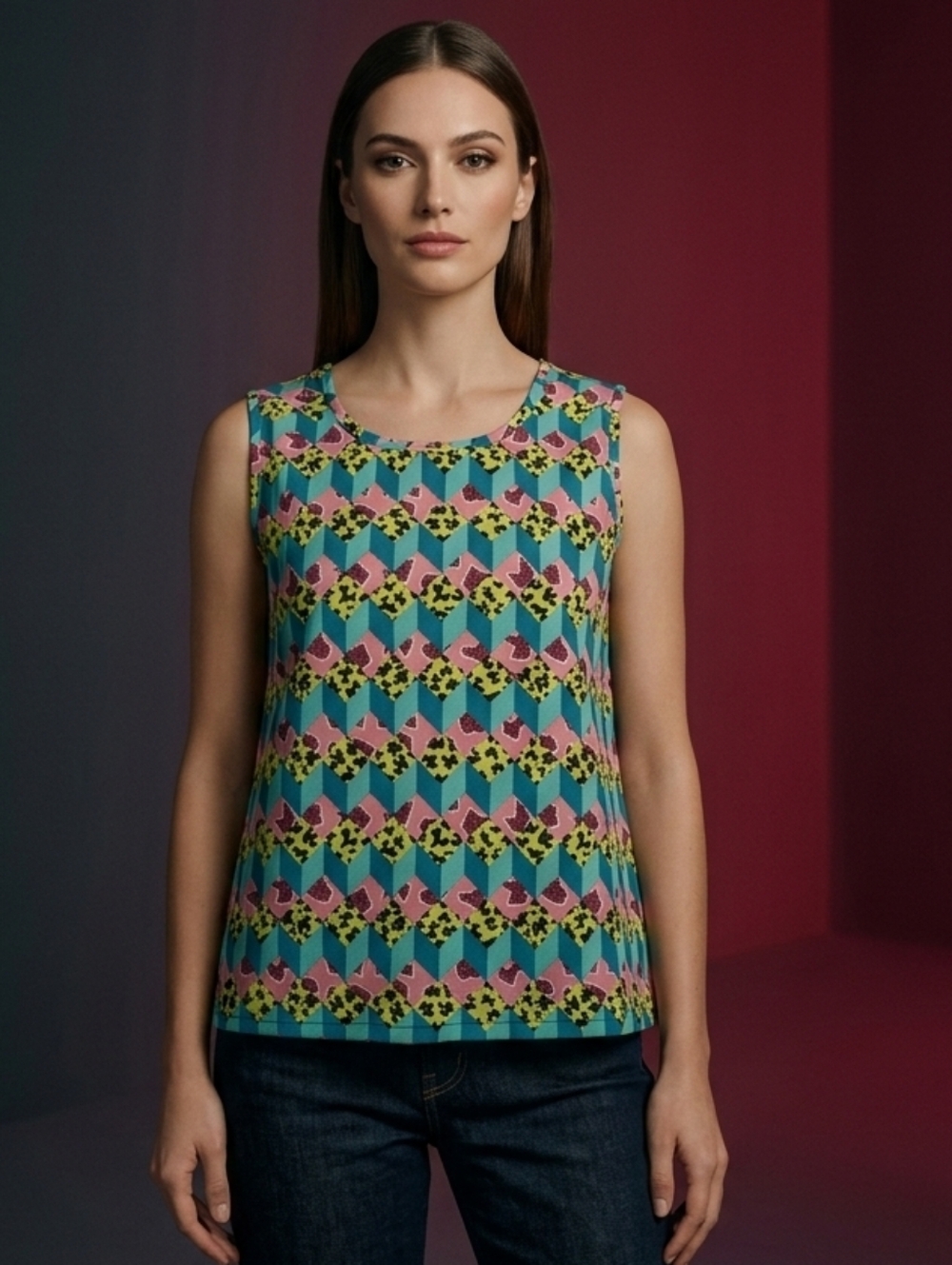 Geometric Sleeveless Tank - Pink, Blue & Yellow